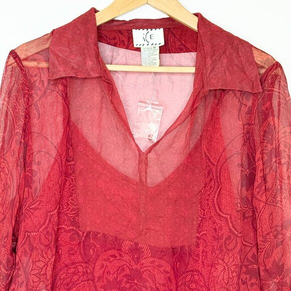 Vintage Ice Red Silk Sheer Blouse 2Piece Layered Camisole 1X Whimsigoth Romantic - Picture 4 of 14